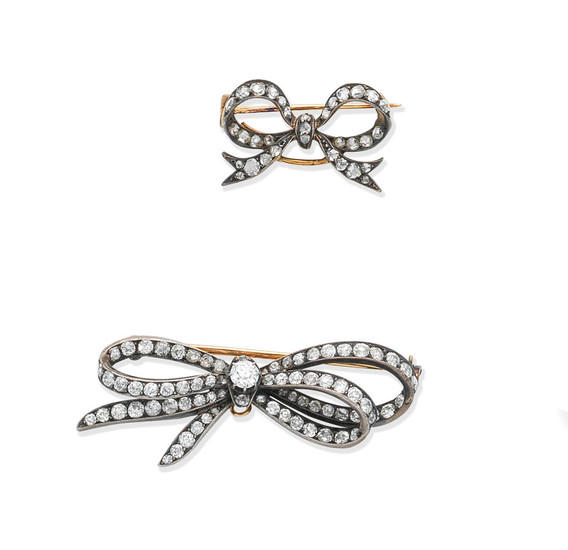 Two late 19th century diamond bow brooches