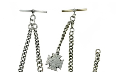 Two silver Albert pocket watch chains. One is a heavy double...
