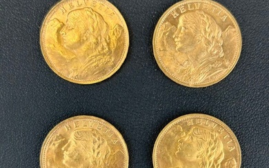 Un lot de 4 pièces de 20 Francs OR Suisse Helvetia 1935 (4) PN. 25,9...