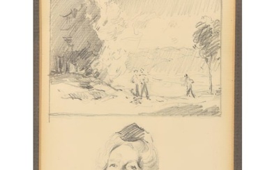Unknown , American regionalist (20th Century), figures in a landscape artist sketch with female