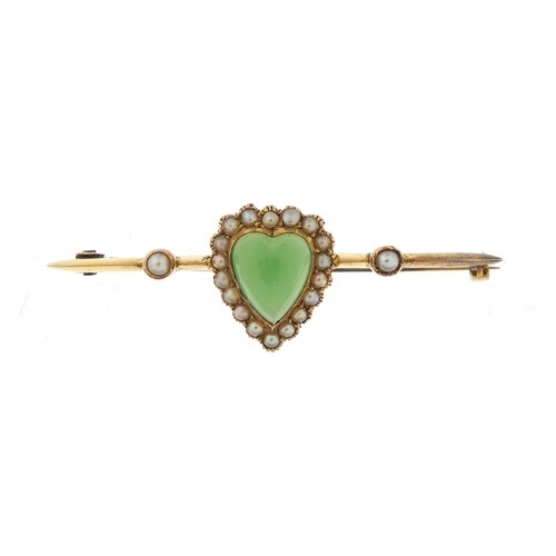 Unmarked gold green stone and seed pearl love heart bar broo...