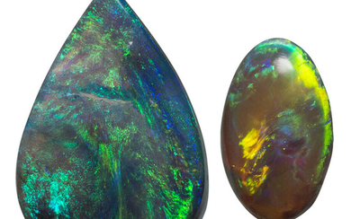 Unmounted Black Opals Opal: Oval cabochon weighing 1.08 carats...