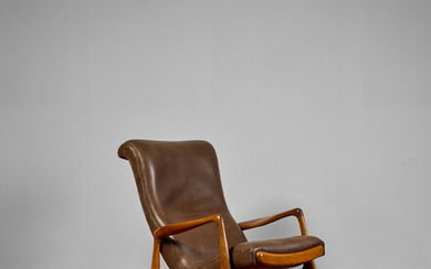 VLADIMIR KAGAN (1927-2016) Rare Multi-Position Reclining Chaircirca 1956model VK100, for Kagan Dreyfuss, Inc., walnut, chrome plated metal, leather upholsteryheight 39 1/2in (100cm); width 37in (94cm); depth 27 1/2in (68cm)