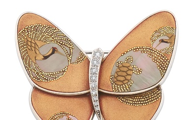 Van Cleef & Arpels, Mother-of-pearl, lacquer and diamond brooch, 'Tsurukame'