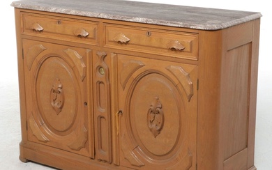 Victorian Marble Top Carved Oak Sideboard, Late 19th Century