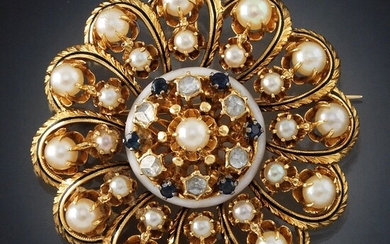 Victorian Style, Enamel, Pearl and Diamond Starburst Brooch