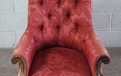 Victorian Walnut Framed Ladies Armchair, with scroll supports and baluster legs, Upholstered in
