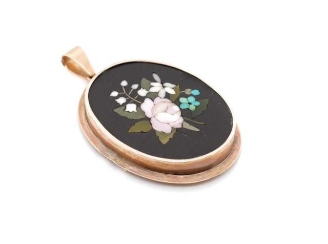Victorian pietra dura pendant brooch with a rose gilt frame ...