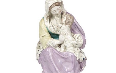 Vierge à l'enfant . Sculpture en porcelaine émaillée du Staffordshire, Angleterre, vers 1800. Quelques dommages....