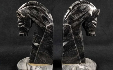Vintage Black Marble Horse Head Bookends Mid Century