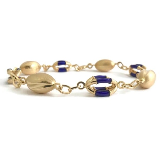 Vintage Blue Enamel UnoAerre Bead Chain Link Bracelet 18K Yellow Gold, 15.3 Gram