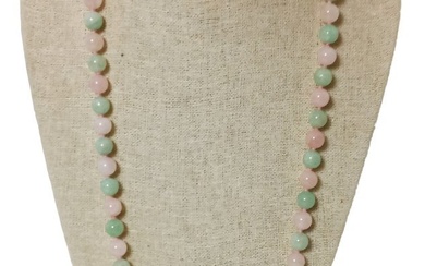 Vintage Celadon Rose Quartz Chinese 10.5mm Beaded 31 Inch Necklace