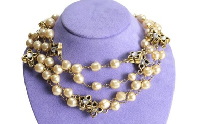Vintage Chanel Faux Pearl and Gripoix Diamond Necklace 69in. opera length