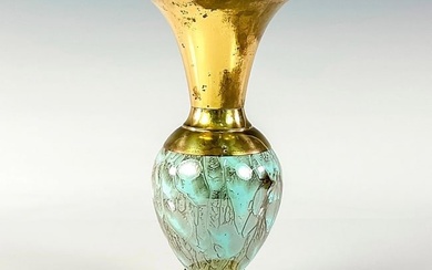 Vintage Delft Aqua Blue Marbled Brass Footed Vase