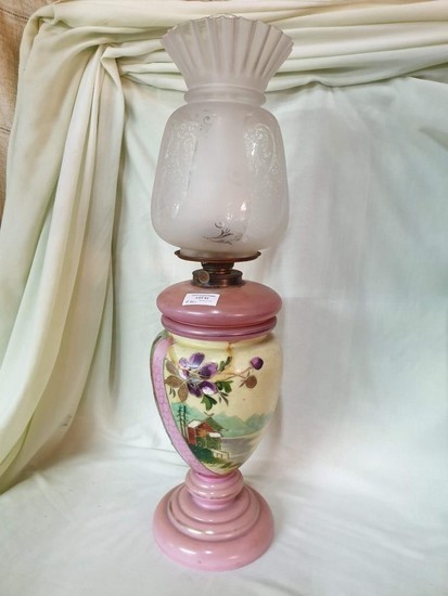Vintage Oil Lamp with Painted Glass Base, Glass Shade and Fu...