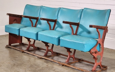 Vintage Theatre bench seat of four, with lifting turquoise seats...