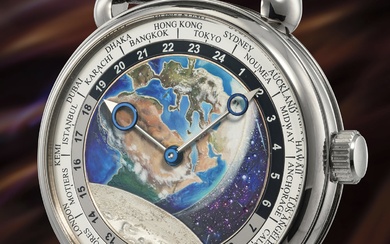 Voutilainen, A unique and breathtaking white gold worldtime wristwatch with enamel and engraved Super-LumiNova dial, certificate and presentation box