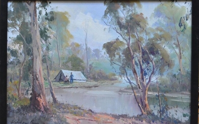 WYKEHAM PERRY, LANDSCAPE CAMPERS, OIL ON BOARD, 36 X 48CM, FRAME SIZE: 39 X 52CM, CONDITION: VERY GOOD