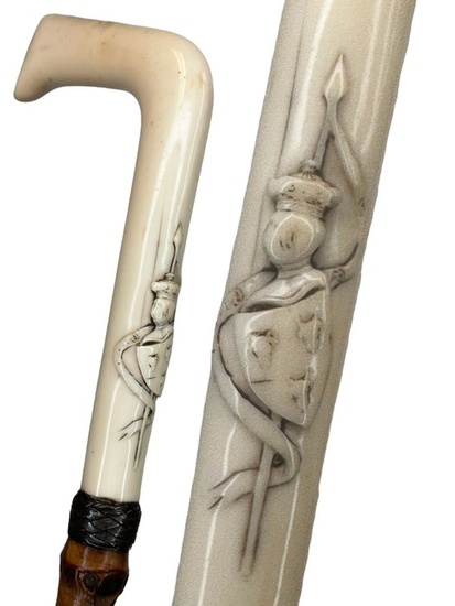 Walking stick, Ivory handle with coat of arms + certificate - Ivory, Silver, Wood - Circa 1880