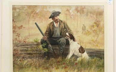 Watercolor, Hunting with the Dogs
