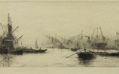 William Lionel Wyllie RA RBA RE RI NEAC, British 1851-1931- HMS Revenge Leaving Portsmouth Harbour; etching, signed in pencil, plate: 16.5 x 38 cm: and an etching by the same artist depicting barges on a busy river, signed in pencil, 15 x 35.2cm. (2)