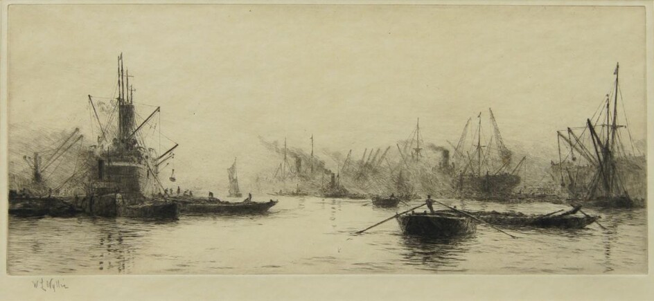 William Lionel Wyllie RA RBA RE RI NEAC, British 1851-1931- HMS Revenge Leaving Portsmouth Harbour; etching, signed in pencil, plate: 16.5 x 38 cm: and an etching by the same artist depicting barges on a busy river, signed in pencil, 15 x 35.2cm. (2)
