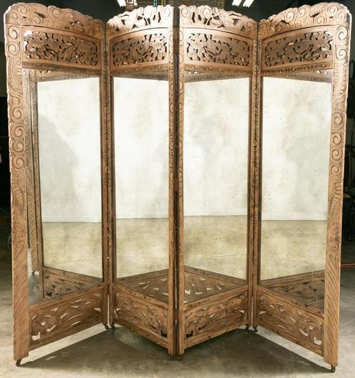 Wood Carved Asian Blossom Mirrored Floor Screen