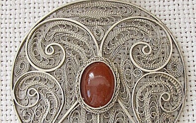 Yemenite vintage filigree silver sterling 923 owl shaped large pendant set with carnelian, 23 gr.