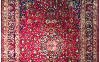 10 x 13 Red Semi Antique Persian Mashad Rug