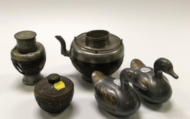 Asian Pewter and Coconut Teapot, Sugar, and Creamer, and Two Duck-form Pewter Boxes