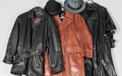 Three Leather Trench Coats, together with two wool hats. Provenance: The estate of J. Geils.