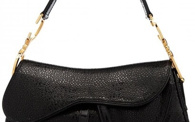 Christian Dior Black Pebbled Leather Double Sadd