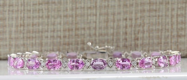 14.10CTW Natural Pink Sapphire And Diamond Bracelet In 18K Solid White Gold