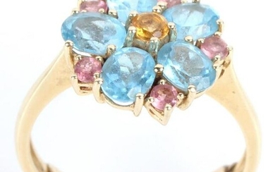 14K YELLOW GOLD MULTI-COLORED STONE FLORAL RING