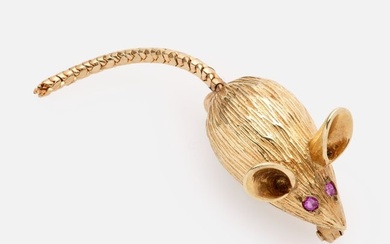 14k Mouse Brooch with Ruby Eyes