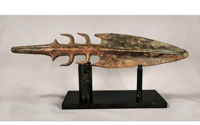 ANCIENT BRONZE SPIKED SPEAR ON STAND