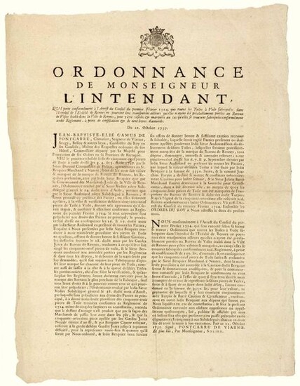 1737. BRITAIN. REINDEER SAILS PAINTINGS (35). "Ordinance of Monseigneur the Intendant (Jean Baptiste Élie CAMUS DE PONTCARRÉ, Chevalier, Seigneur de VIARME). Which carries in accordance with the Decree of the Council of February 1, 1724, that all the...