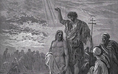 1800s SIGNED GUSTAVE DORE Biblical Woodcut THE BAPTISM OF JESUS Framed