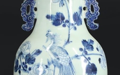 19th C Chinese Blue and White Peacock Vase.