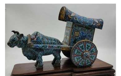 19th C Chinese Cloisonne Figure Bull Pulling A Cart On Rosewood Base