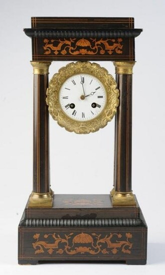 19th C. Inlaid French Portico Mantle Clock