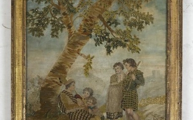 19th C. Regency Needlepoint: Children at a Tree