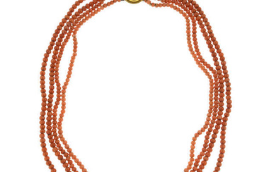 19th century multi-strand coral bead necklace, with coral bead push-piece clasp