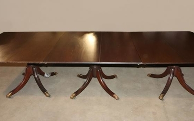 19thC Triple Pedestal Mahogany Dining Table