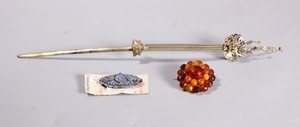 2 Antique Chinese Gilt Silver Pins; Amber Brooch