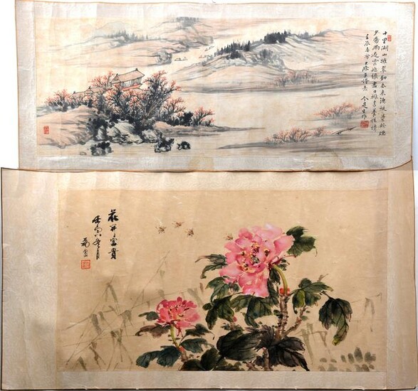 2 Chinese Scroll Paintings, landscape & flowers