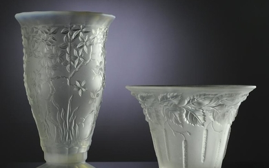(2) Embossed Satin Glass Vases
