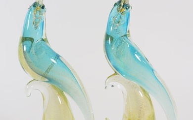 (2) MURANO GLASS COCKATOO BIRDS - BLUE & GOLD