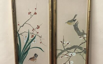 2 Panel Paintings of Birds on Chinese Silk