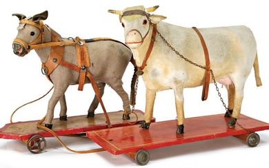 2 draught animals, cow and donkey, papier mâché